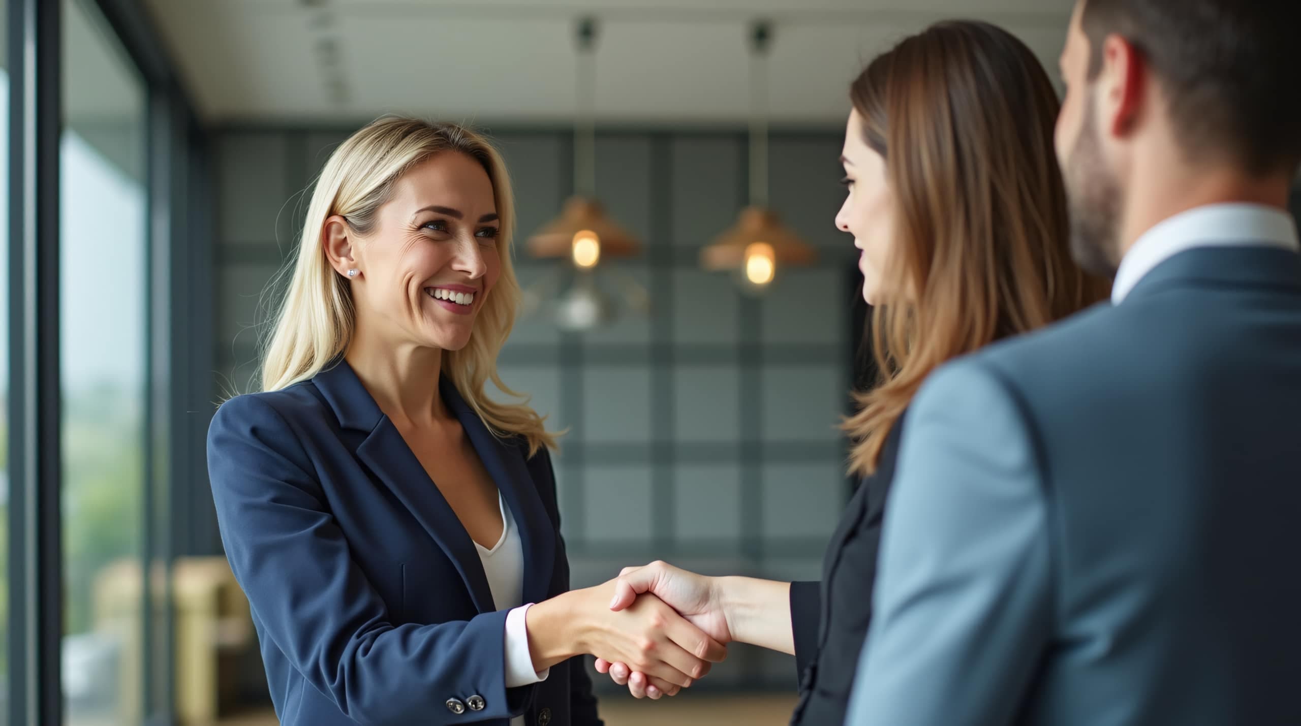 Insurance broker shaking hands with a client in a professional office setting