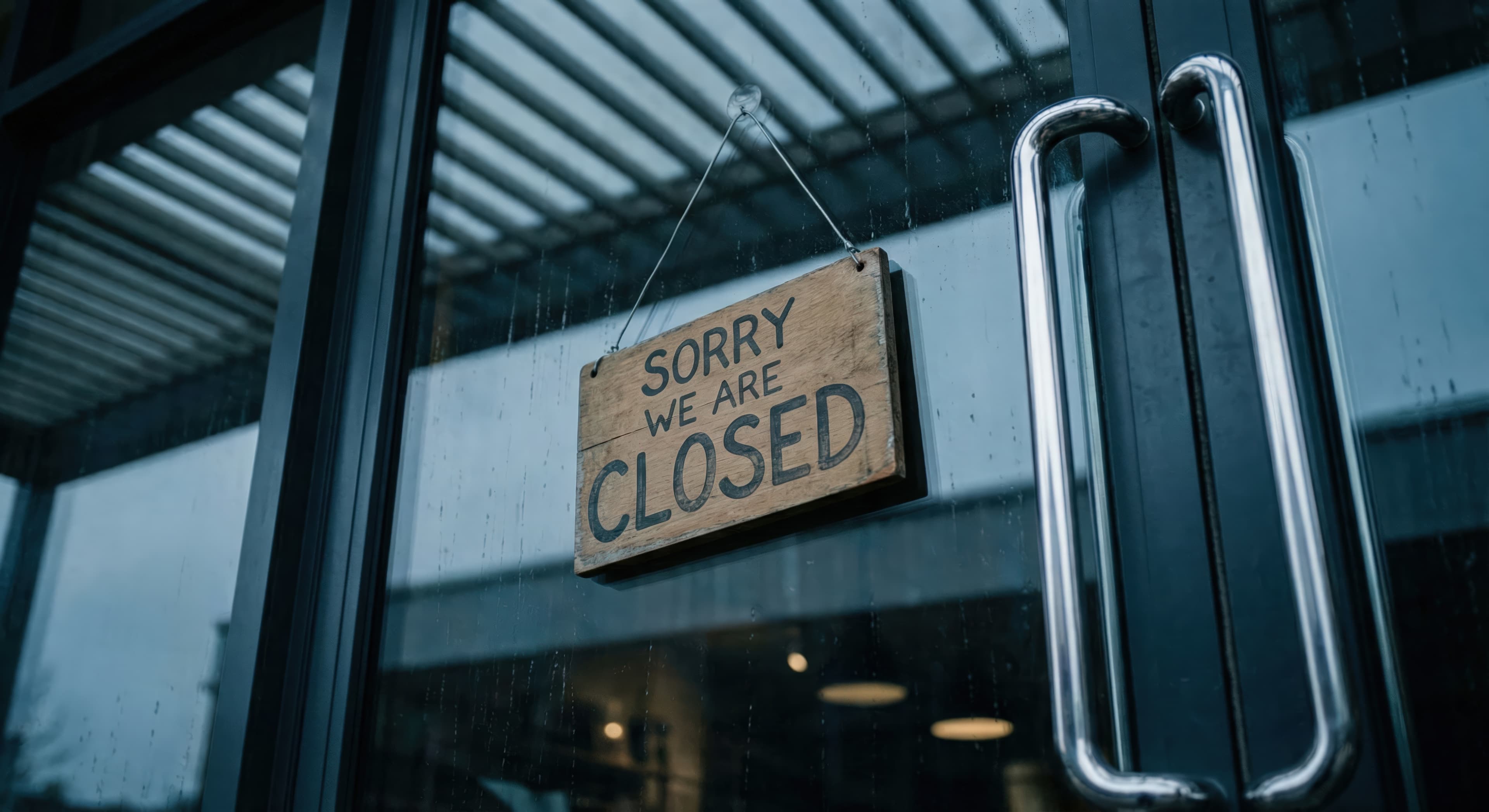 Sorry we are closed sign hanging on a business's glass front door