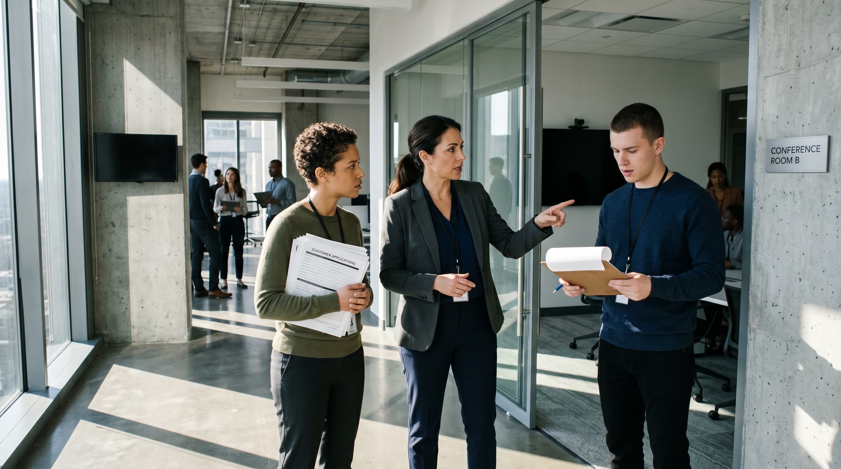 Three QIB Group colleagues talking together while walking through the office