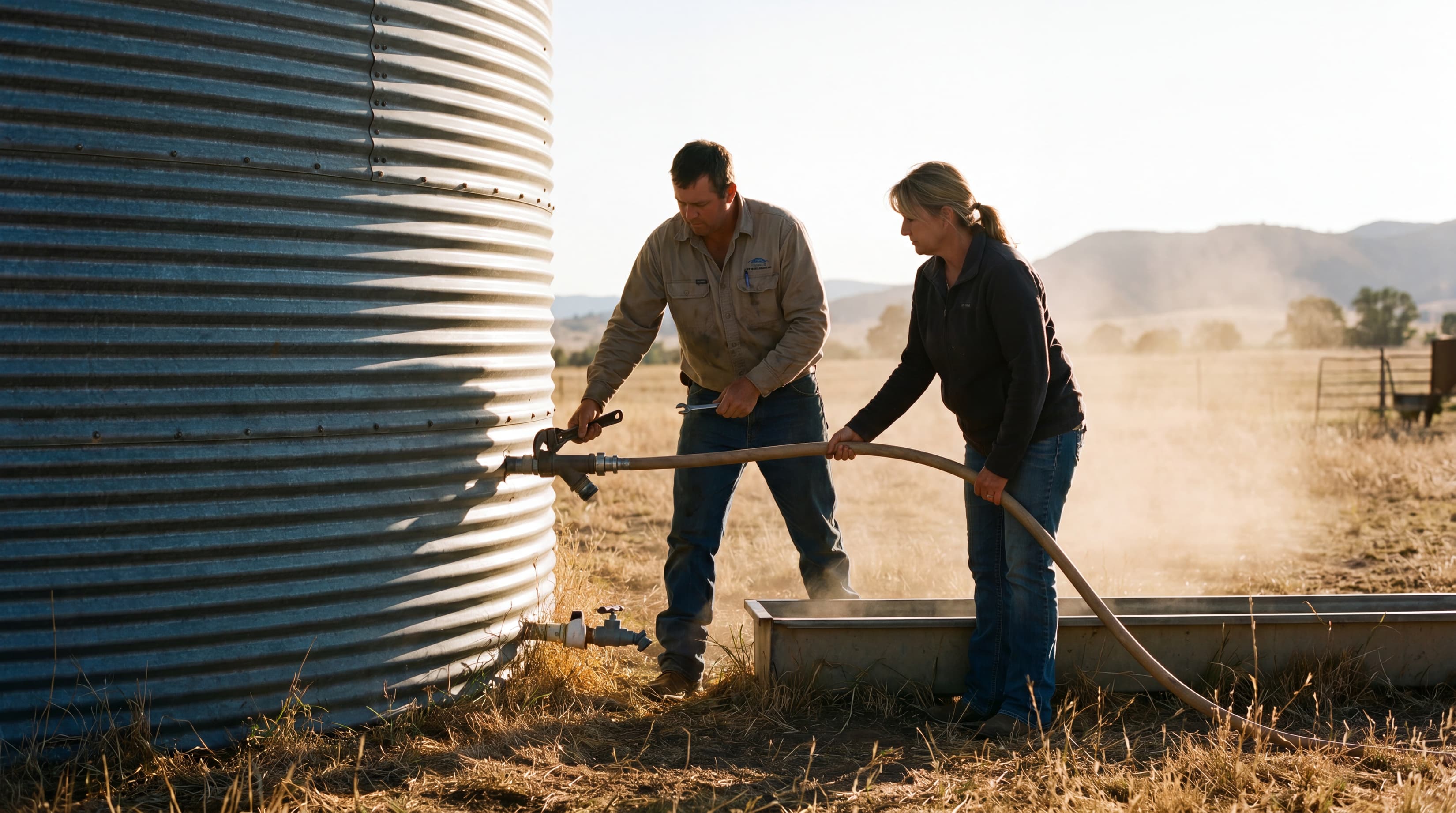 Farmers working beside a silo on their rural property