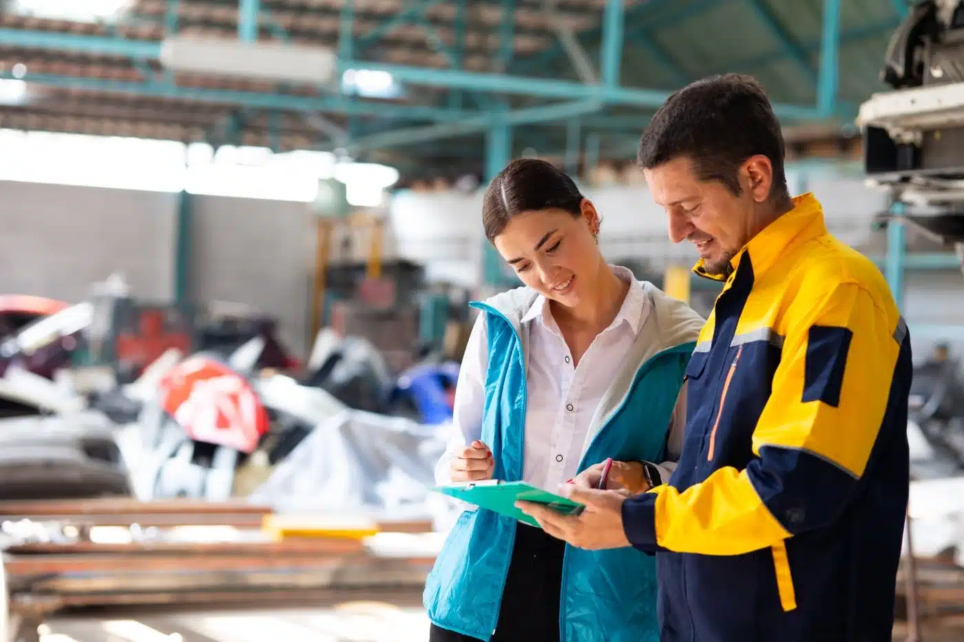 Insurance assessor and mechanic reviewing a claims form in an auto workshop