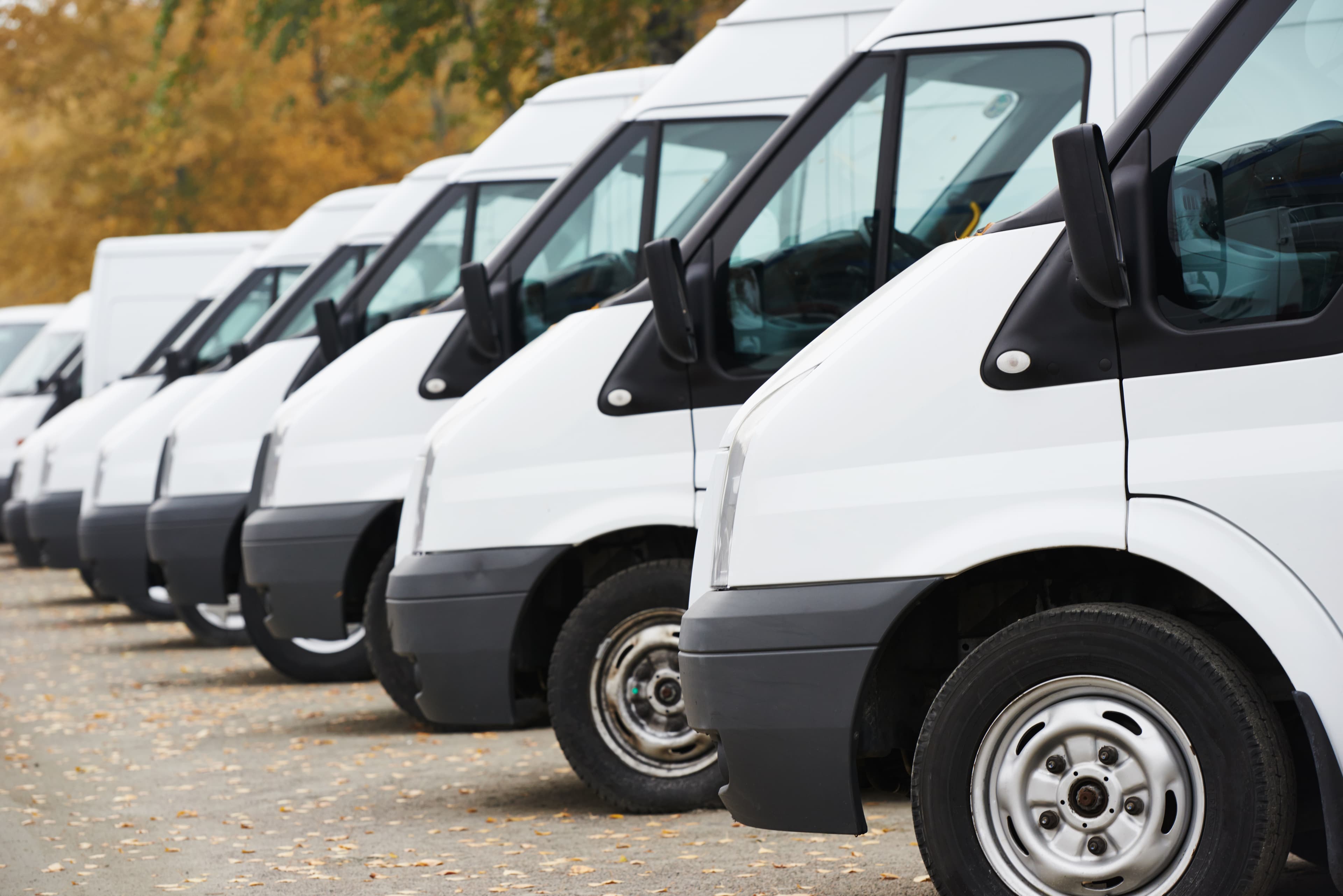 Fleet of white commercial vans parked in a row